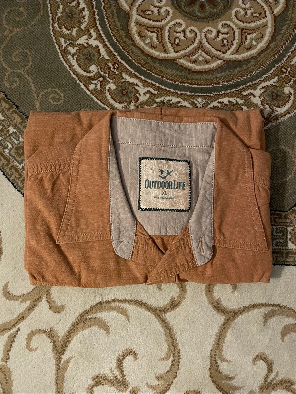 Outdoor Life Men's Collared Button-Up Shirt in Rust Orange with Beige Trim